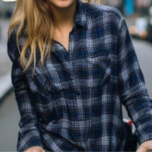 Blue and White Plaid Long Sleeve Flannel Shirt